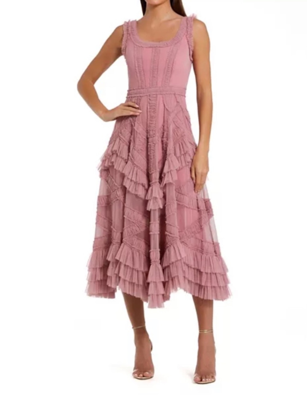 Mac Duggal Petite Scoop Neck Sleeveless Mesh Micro Ruffle Midi Dress